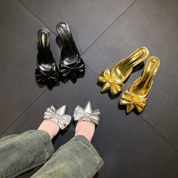 Xajzpa New Bow Women Mules Shoes Pointed Toe High Heels Slippers New Party Sandals Luxury Sexy Woman Brand Party Pumps Zapatos